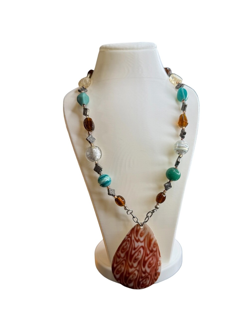 Mother of Pearl Shell Teardrop Pendant Necklace Turquoise Amber Glass Beads